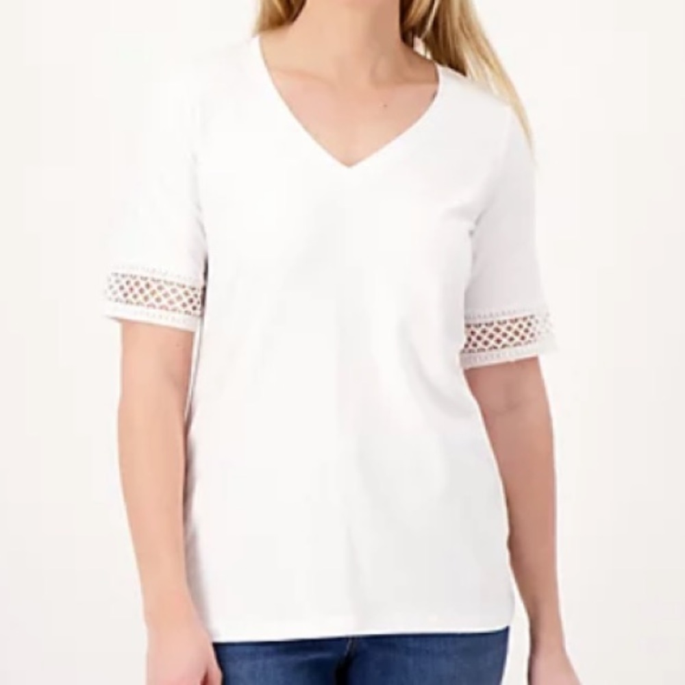 Susan Graver Weekend Cotton Modal Elbow Sleeve Top with Crochet Trim ~ White - Picture 7 of 7